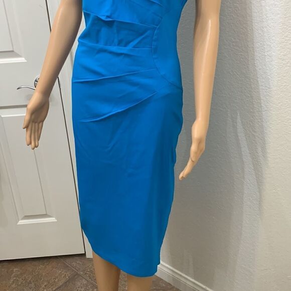 MUXXN Large Turquoise Blue  Asymmetrical Short Sleeve Midi Dress NEW SLIMMING - Picture 5 of 14